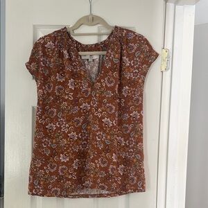LOFT Brown and Orange Puff Sleeve Cap Blouse